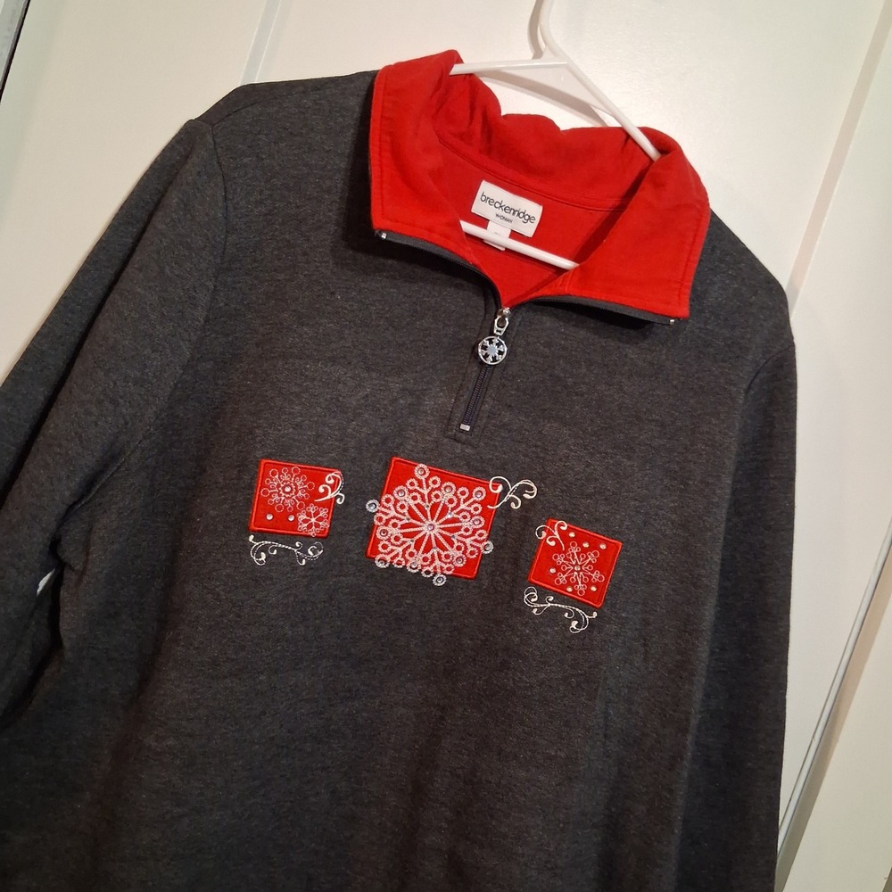 Breckenridge Pullover Womens 2X Charcoal Red Snowflake Quarter Zip Fleece Top